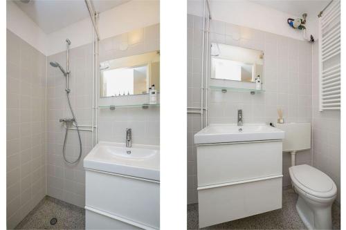 two pictures of a bathroom with a toilet and a sink at Beautiful quiet Apt in the center of Amsterdam in Amsterdam