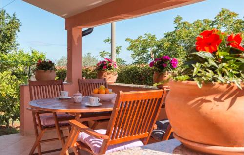 stół i krzesła na patio z kwiatami w obiekcie Holiday Home Peroj Lxxiii w mieście Peroj