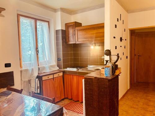 a kitchen with wooden cabinets and a counter top at Romeo House in Campo di Giove