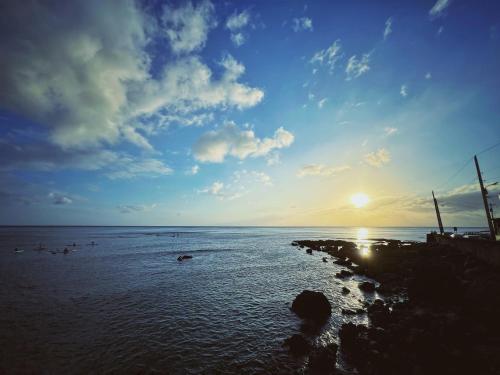 a group of birds swimming in the water at sunset at Peninsula Travel B&B in Hengchun
