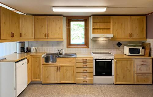 a kitchen with wooden cabinets and a sink at Gorgeous Home In Øydegard With Wifi in Aspa