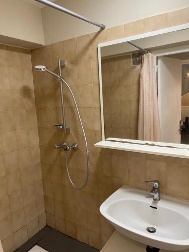 a bathroom with a sink and a shower with a mirror at La rencontre in Ars-sur-Formans