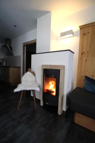 a living room with a fireplace and a couch at Superior Chalet Tiroler Madl in Achenkirch