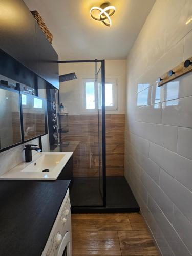 une salle de bain avec une douche en verre et un lavabo dans l'établissement Face à la mer appartement vue mer Portiragnes plage proche Cap d'agde Vias Valras-plage Méditérranée, à Portiragnes