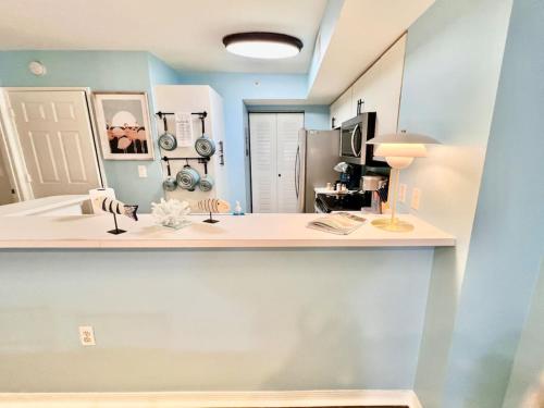 a bathroom with a counter with a sink and a mirror at Beach More Getaway in Vero Beach