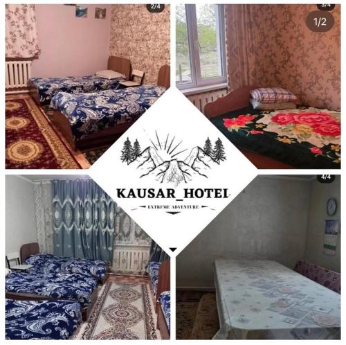 a collage of four pictures of a hotel room at Kausar house in Karabulak