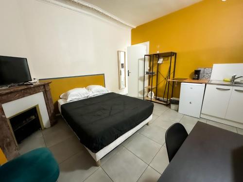 a bedroom with a bed and a kitchen with a fireplace at Studio SN2 - Centre-Ville Meaux - Proche Disneyland in Meaux