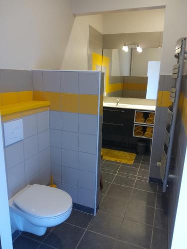 une salle de bain avec toilettes et lavabo dans l'établissement La Petite Velle, à Vallon-en-Sully