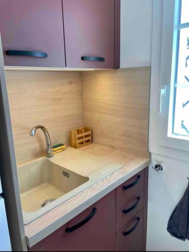 une cuisine avec un évier et un plan de travail dans l'établissement Duplex vue Mer Royan, à Royan