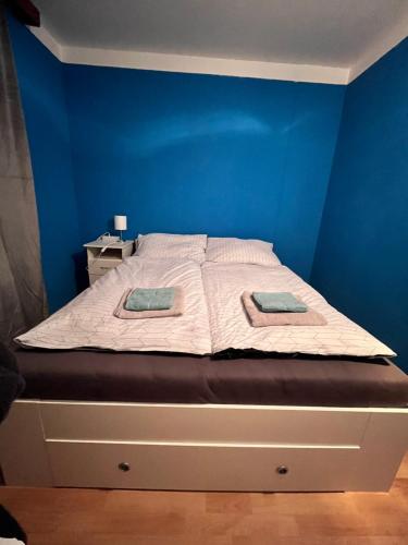 a bed in a blue room with two pillows on it at Rozvadov Vimali in Rozvadov