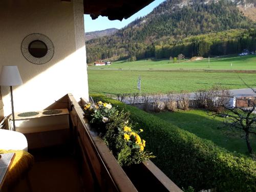 a view of a field from a balcony with flowers at Abis Ferienwohnung Salzkammergut in Strobl