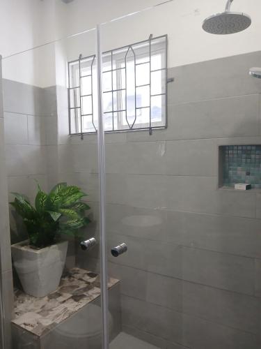 eine Dusche mit einer Glastür in einem Badezimmer in der Unterkunft Clavier's- AirCon- Seaside- FamilyFriendly in Soufrière