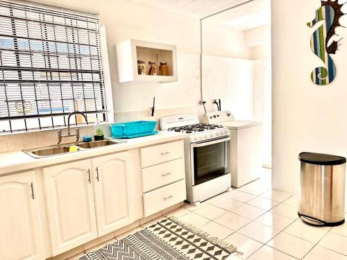 a white kitchen with a sink and a stove at South Coast - Private in Christ Church