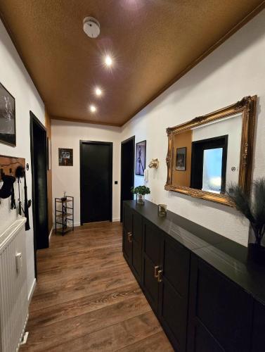 a room with a mirror on the wall and a hallway at Fifty Shades of Green P18 Apartment in Dresden