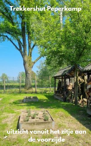a park with a gazebo and a tree at landelijke trekkershut in Zelhem