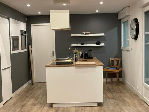 une cuisine avec un évier et un plan de travail dans l'établissement Gîte des falaises de champeaux, à Champeaux