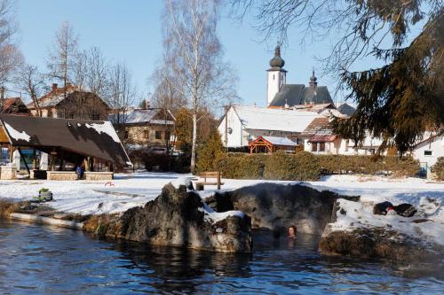 a river in a town with snow and a church at ŠTVRTÁ VODA - Jánska chata in Liptovský Ján