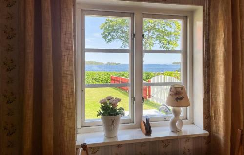 a window with a vase and a plant on a window sill at Nice Home In Timmernabben in Timmernabben