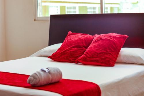 a bed with two red pillows and a red blanket at Hotel California Air in Carepa