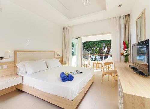 a bedroom with a large bed and a television at Le Beachclub in Pereybere