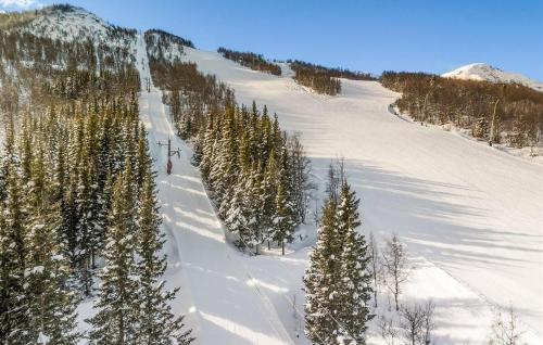a person skiing down a snow covered slope with trees at Moderne Hytte Midt I Skibakken in Ryfoss