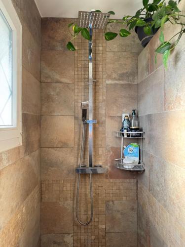 La salle de bains est pourvue d'une douche. dans l'établissement Villa Landaise, 10 minutes des plages, à Soustons