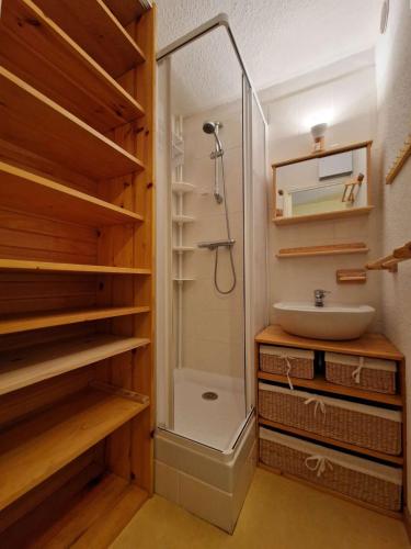 une salle de bain avec douche et lavabo dans l'établissement L'écureuil, à Risoul