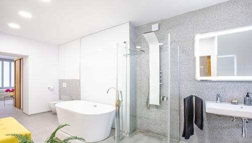 une salle de bain avec une baignoire, un lavabo et une douche dans l'établissement The Royal Goat Near Castle and Presidential Palace, à Bratislava