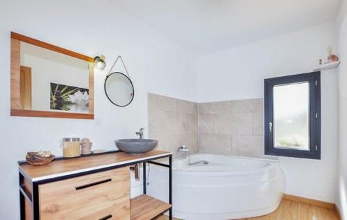 un bagno con vasca, lavandino e specchio di Tournissan L'Auberge du Chateau avec ça piscine a Tournissan