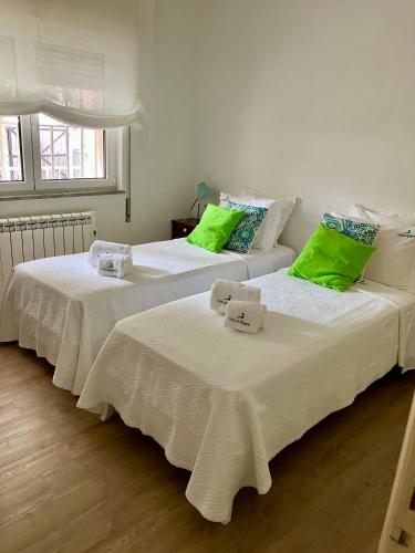 two beds with green pillows in a room at Vale Coelhos Casa de Campo in Sarnadela