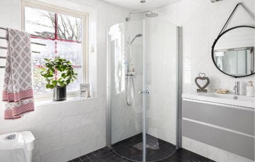 a bathroom with a shower and a window and a mirror at 3 Bedroom Cozy Home In Tomelilla in Tomelilla