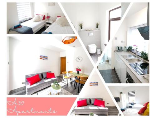 a collage of photos of a kitchen and a living room at A50 Apartments Stoke - 3 Bedrooms - 3 Bathrooms incl 2 ensuites house in Stoke on Trent