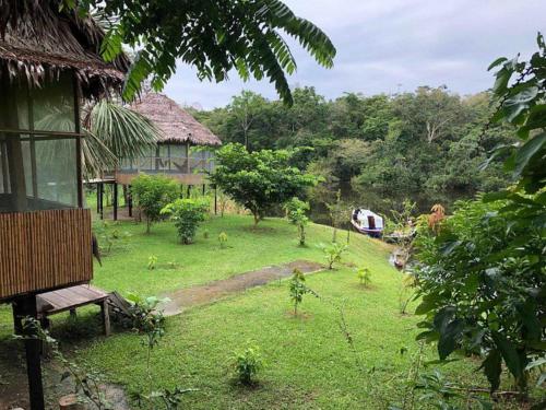 a view of a yard with a house and trees at Antares Jungle Lodge in Miraflores