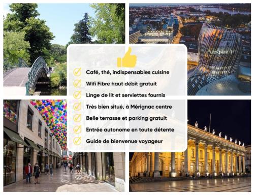 un collage de photos d'une ville avec des bâtiments dans l'établissement Appart cosy et terrasse en ville, à Mérignac