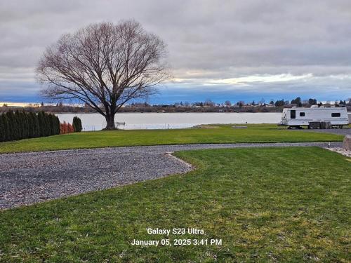 a tree sitting next to a lake with a trailer at Casa Del Lago Camping, Jetski docks, Personal dock in Moses Lake