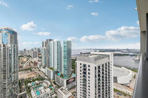 an aerial view of a city with tall buildings at Stunning Lux 2 Bed 2 Bath with Panoramic View from Balcony in Miami