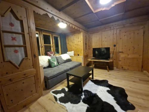 een woonkamer met een bank en een tv bij FeWo's und Apartment's Blaues Haus in Davos