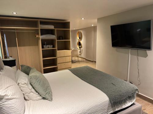 a bedroom with a bed and a flat screen tv at Departamento en Ciudad de México in Mexico City