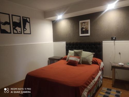 Un dormitorio con una cama con sábanas y almohadas naranjas. en DEPARTAMENTOS SUMAJ JALLP`A, en San Rafael