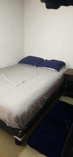 a bed with blue pillows in a room at Habitación al norte de la CDMX aeropuerto Felipe angeles in Mexico City