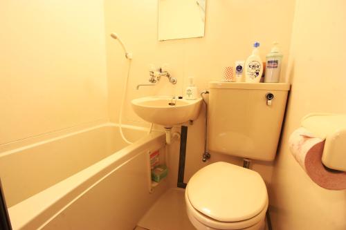 a bathroom with a toilet and a sink and a tub at 森のかくれ宿シープ in Imazu
