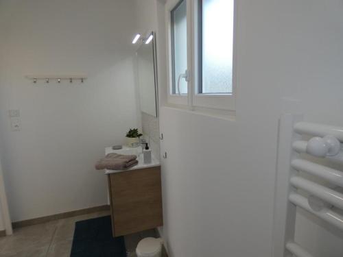 une salle de bain blanche avec un lavabo et un miroir dans l'établissement Maison conviviale à 500m de la plage, animaux admis, terrasse et WiFi - FR-1-540-307, à Notre-Dame-de-Monts