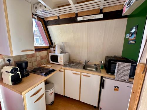 une petite cuisine avec un évier et un micro-ondes dans l'établissement Chalet cosy 4 pers, vue Lac Matemale, équipements complets - FR-1-758-38, aux Angles