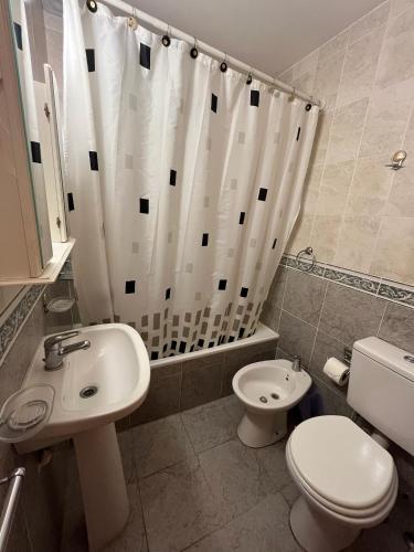 a bathroom with a sink and a toilet and a shower curtain at Rondine Federación in Federación