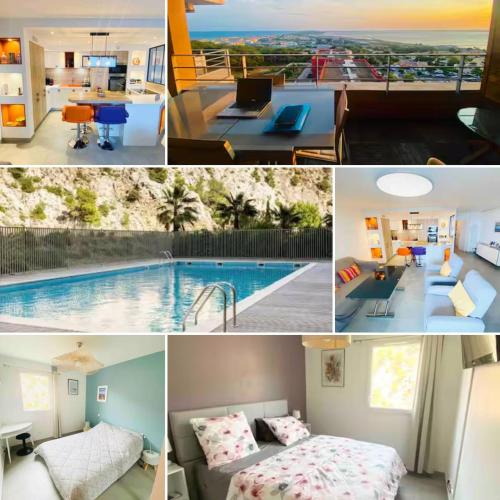 un collage de photos d'une maison avec une piscine dans l'établissement Luxueux T3 Piscine et Vue Somptueuse, à Sète
