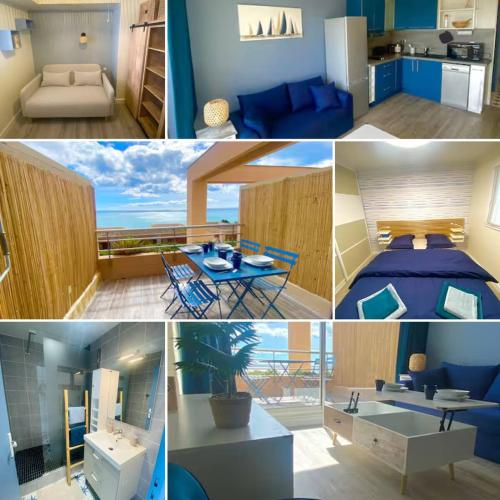 un collage de quatre photos d'une pièce dans l'établissement Le Calypso, Magnifique Appartement Piscine et Vue Somptueuse, à Sète