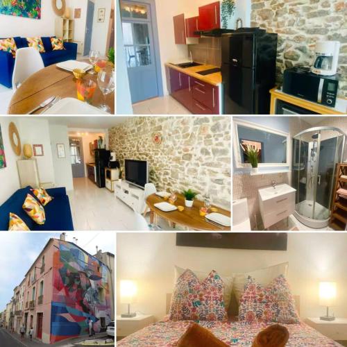 un collage de photos d'une chambre et d'un salon dans l'établissement Appartement Neuf Cosy Centre Ville Quartier Haut, à Sète