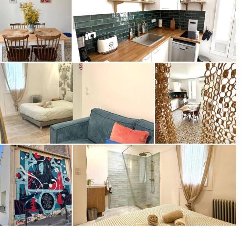 un collage de photos d'une cuisine et d'un salon dans l'établissement Nid douillet Cosy T2 quartier haut centre-ville, à Sète