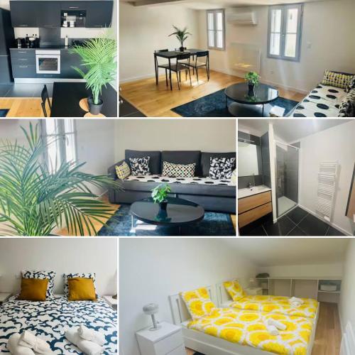 un collage de quatre photos d'un salon dans l'établissement Somptueux T3 neuf centre ville, à Sète