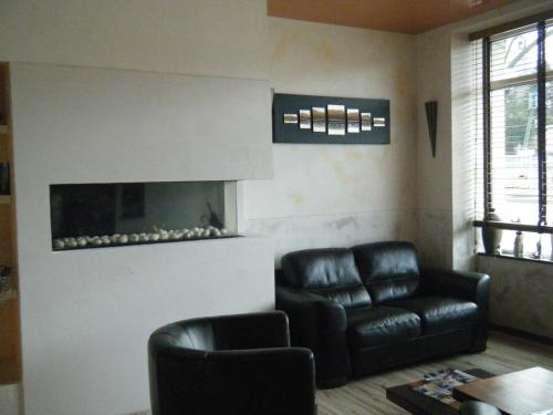 a living room with two leather chairs and a fireplace at Hôtel Gambetta in Lons-le-Saunier
